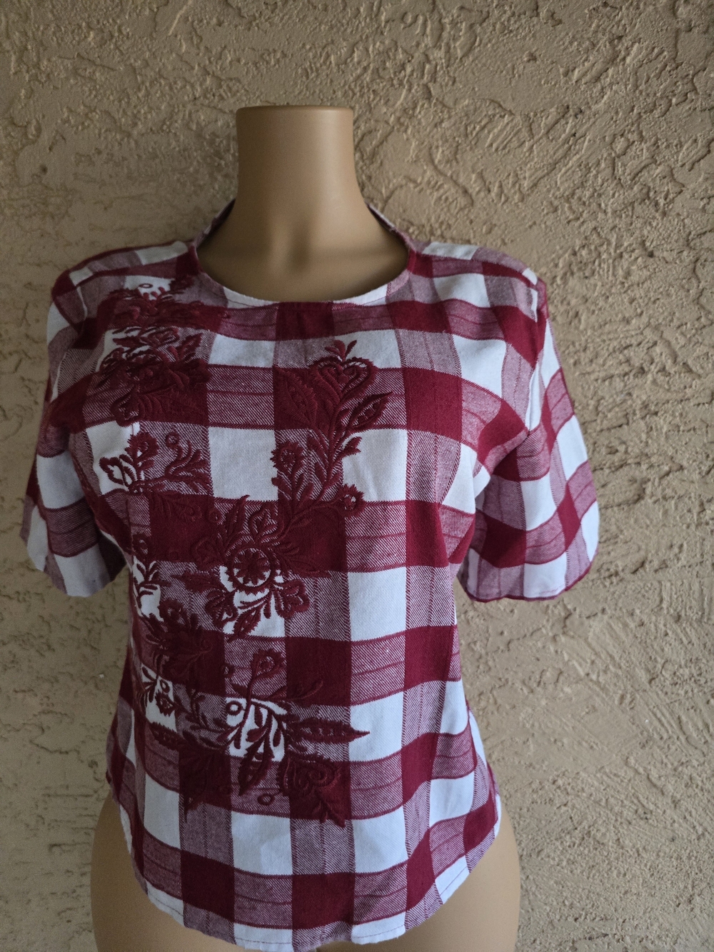 Women's Red and White Checked Embroidered Top